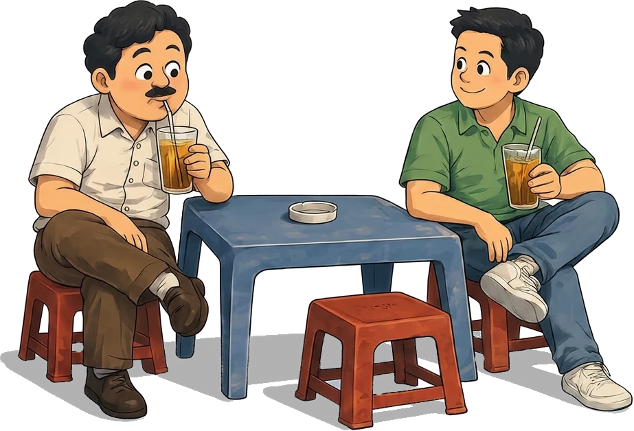 Hai người ngồi bàn trà đá